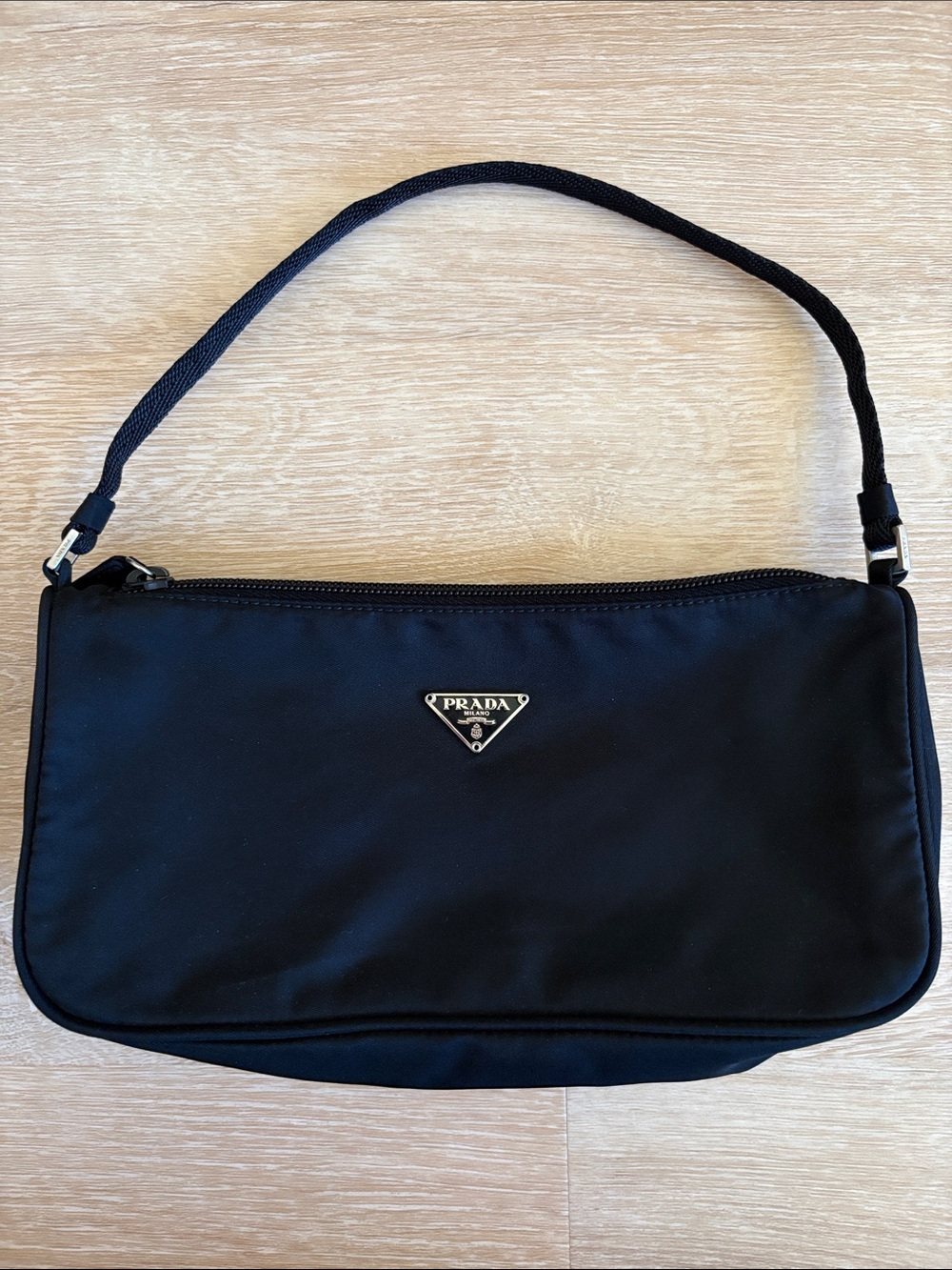 Prada Small Black Nylon Shoulder Bag with Silver Triangle Logo